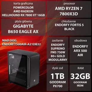 Komputer MAD DOG ENDORFY500AIR-A21DB32 R7-7800X3D 32GB RAM 1TB SSD Radeon RX7800XT Wi-Fi - Zestawy komputerowe - miniaturka - grafika 1