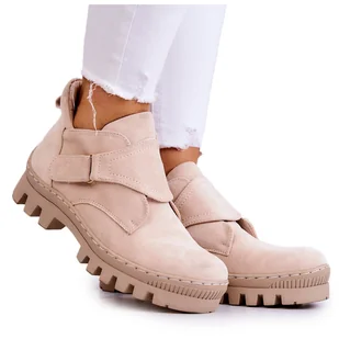 S.Barski Zamszowe Botki Trapery Na Suwak Jasnobeżowe Remgate beżowy - Półbuty damskie - miniaturka - grafika 1