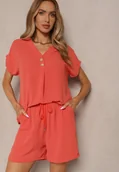 Komplety damskie - Pomarańczowy Komplet z Wiskozą T-shirt z Ozdobnymi Guzikami i Szorty Niterela - miniaturka - grafika 1