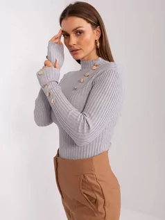 Swetry damskie - Sweter klasyczny szary casual dekolt półgolf rękaw długi materiał prążkowany  guziki - grafika 1