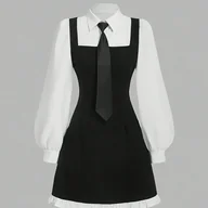 Sukienki - TEMU Damska Elegancka Sukienka z Długim Rękawem w Kształcie Litery A z Kontrastowym Wykończeniem i Wiązaniem w Talii - Czarno-Biała Dwukolorowa, - miniaturka - grafika 1