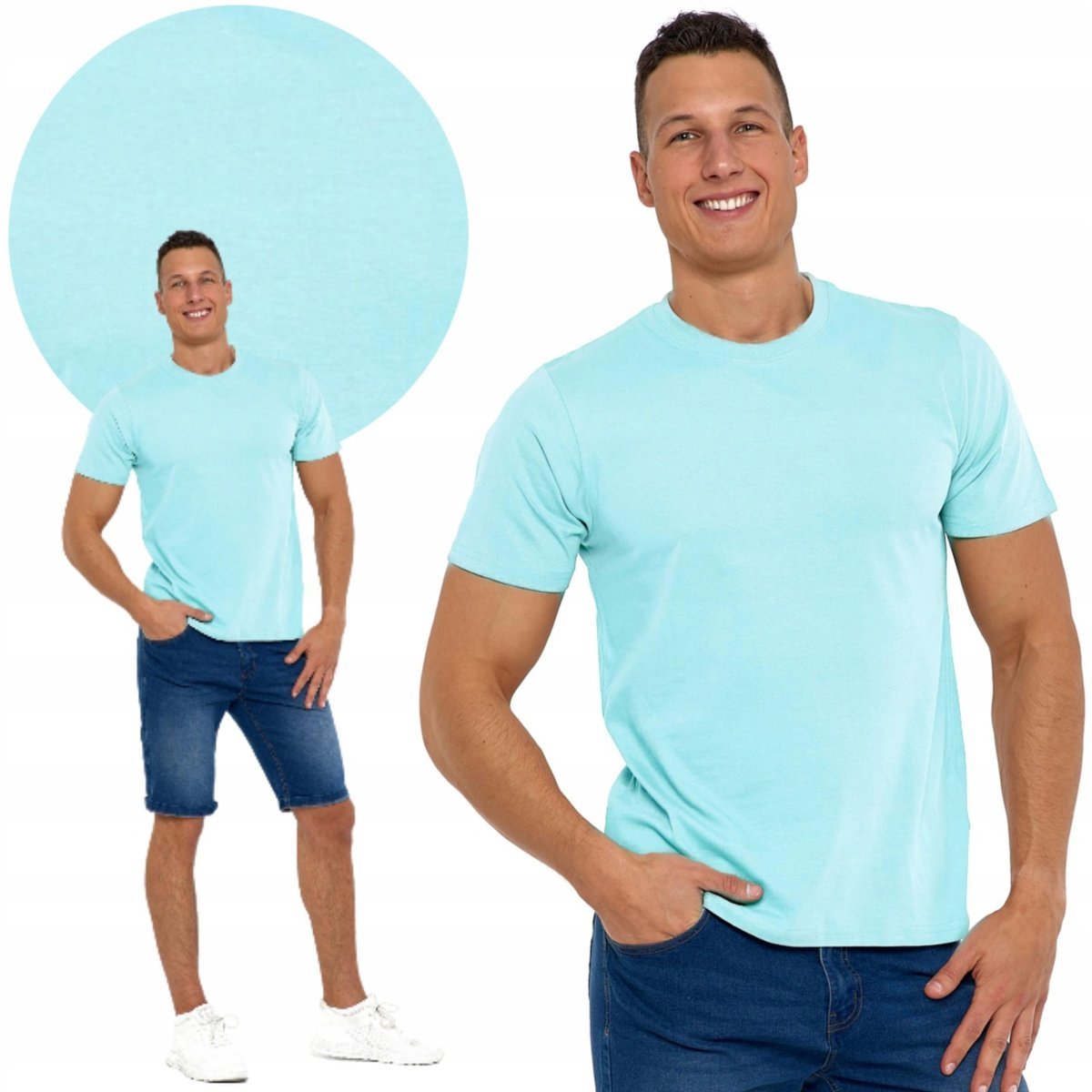 Koszulka Męska Bawełniana T-Shirt Okrągły Dekolt Krótki Rękaw Moraj Xxl Mint