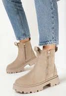 Botki damskie - Beżowe Botki na Grubej Podeszwie z Ozdobną Tasiemką Cudrey - miniaturka - grafika 1