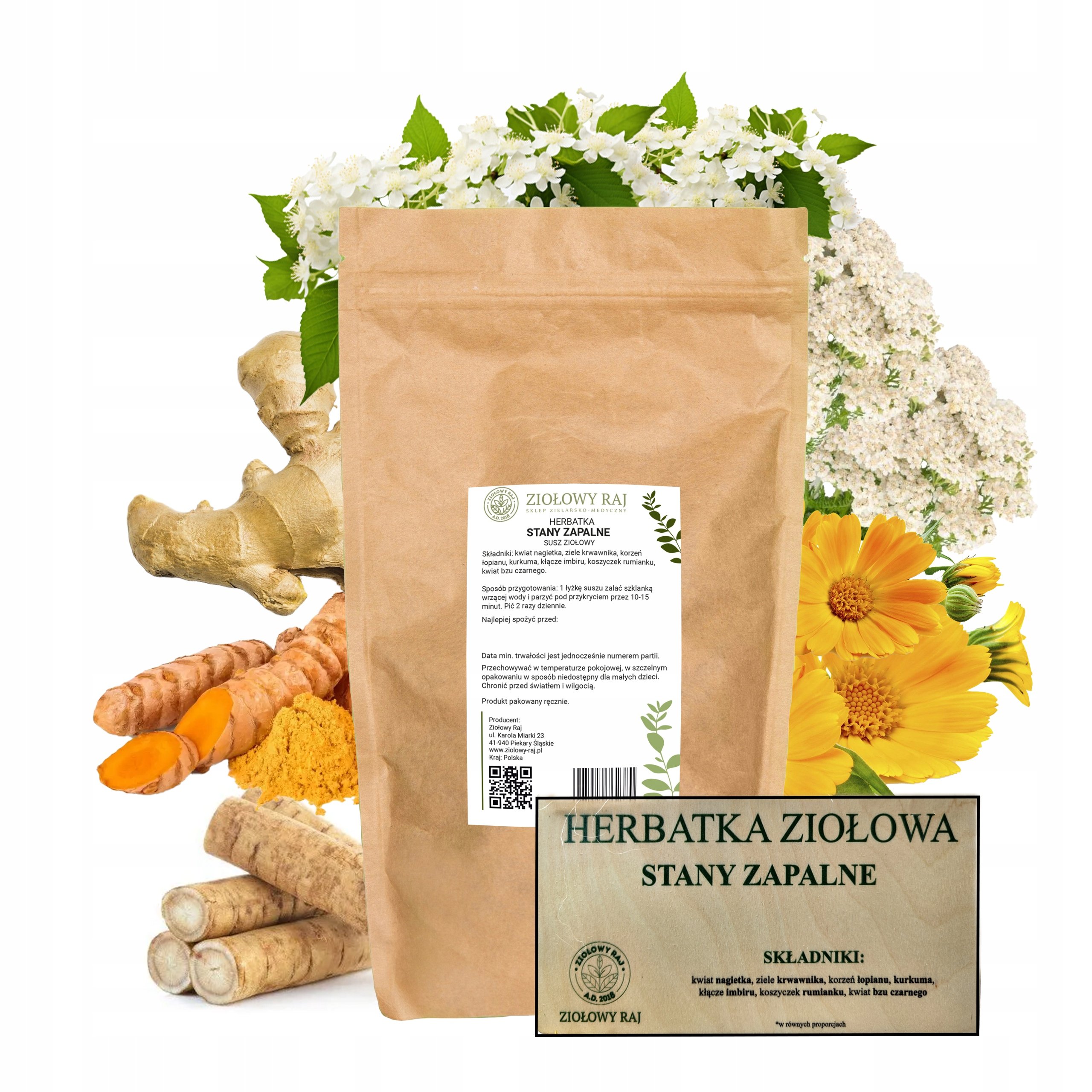 Zioła Przeciwzapalne na Stany Zapalne Nagietek Krwawnik Kurkuma 1000g