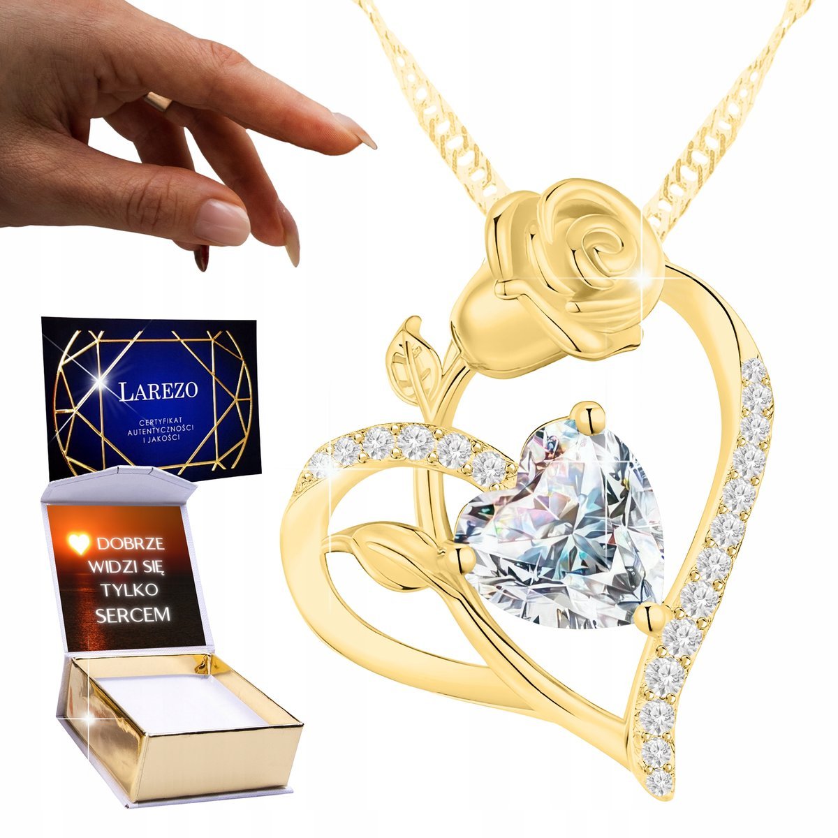 Złoty Naszyjnik 925 Lśniące Serce Kryształ z Różą Cyrkoniami Kwiat + NADRUK
