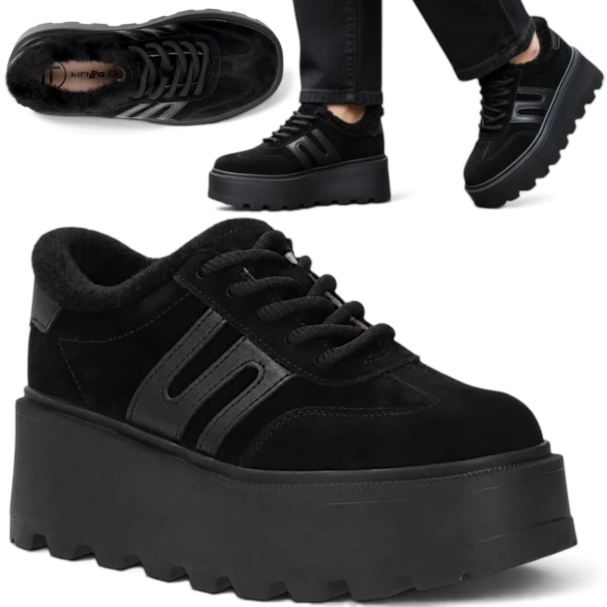 Sneakersy Damskie SKÓRZANE FILIPPO Sznurowane Ocieplane Platforma Czarne 37