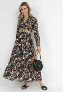 Czarna Rozkloszowana Sukienka Maxi z Kołnierzykiem i Plecionym Paskiem c - Sukienki - miniaturka - grafika 1