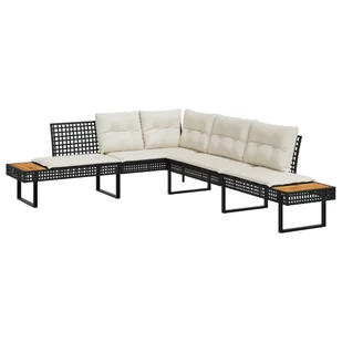 vidaXL Sofa ogrodowa w kształcie litery L z poduszkami z czarnego polirattanu i akacji - Sofy ogrodowe - miniaturka - grafika 1