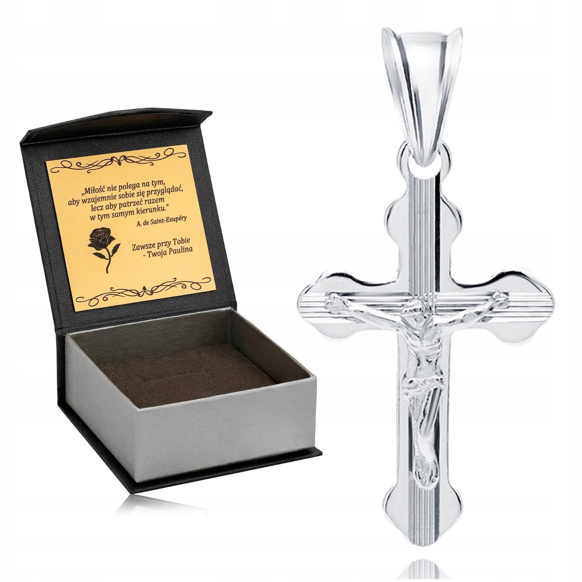 PIĘKNY SREBRNY KRZYŻYK KOMUNIJNY RODOWANY KRZYŻ IDEALNY PREZENT DLA CHŁOPCA