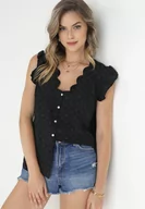 Bluzki damskie - Czarna Bluzka Top z Tkaniny Plumeti z Falbankami przy Ramionach Fatalie - miniaturka - grafika 1