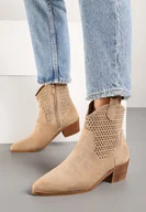 Botki damskie - Beżowe Botki Kowbojki Vices na Słupku z Ażurową Cholewką Elfedi - miniaturka - grafika 1