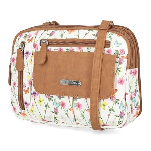 MultiSac Damska torba na ramię z potrójną przegródką na zamek błyskawiczny, Biała Belladonna, 9.125” L x 6.125” H x 3.125” W