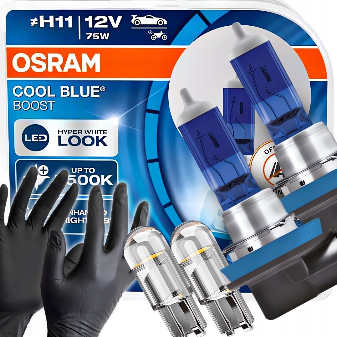 Żarówki Osram H11 Cool Blue Boost 5500K Białe + W5W Clear LED + Rękawiczki