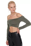 Body - Trendyol Damska dopasowana bodycon Carmen kołnierz dzianinowa bluzka koszula, Khaki, M - miniaturka - grafika 1