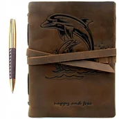 Notesy i bloczki - NOTES DZIENNIK SKÓRZANY POSTARZANY VINTAGE MIĘKKI 20x15cm Z MOTYWEM DELFINA - miniaturka - grafika 1