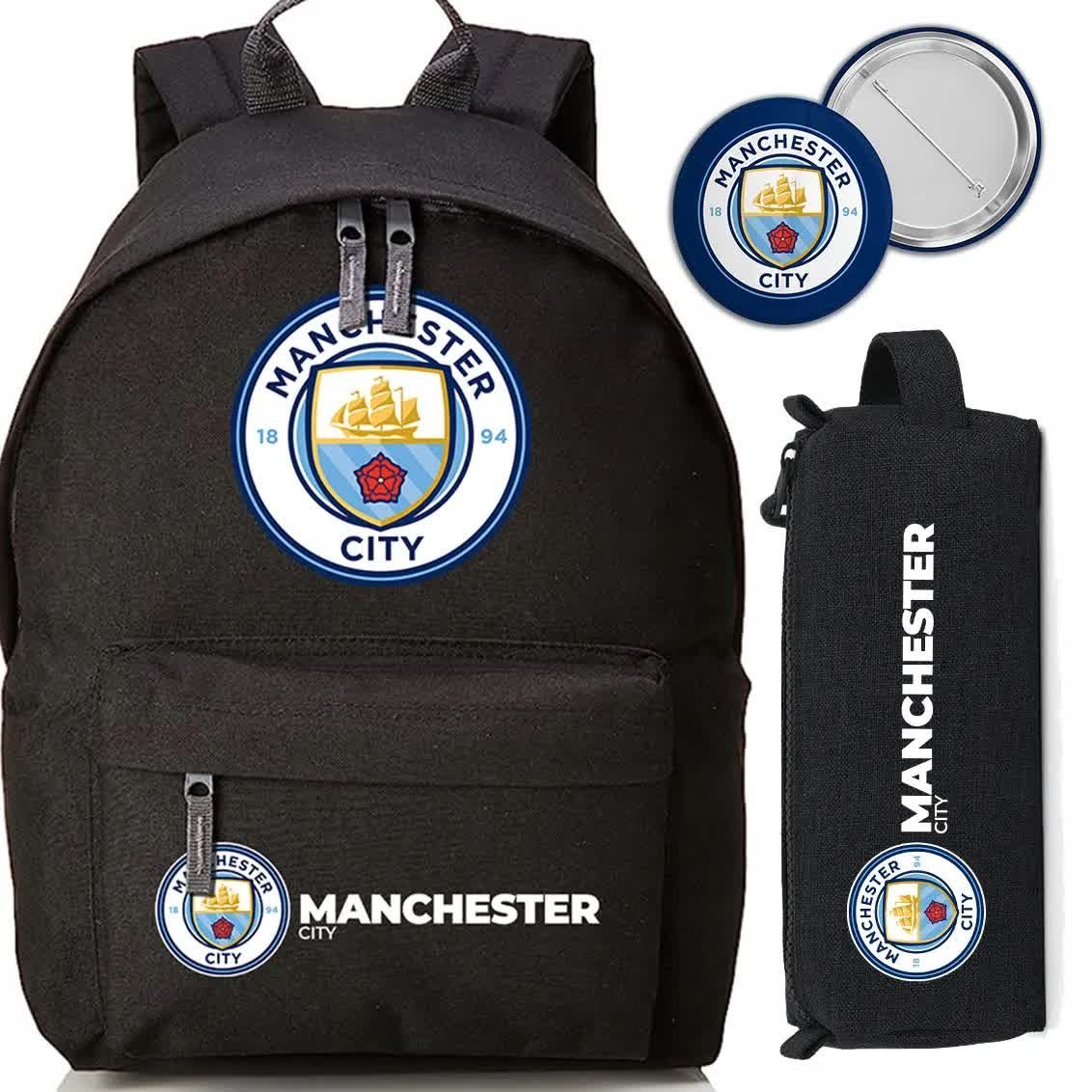 Zestaw do Szkoły Czarny Plecak + Piórnik + Pin MANCHESTER CITY Piłka Klub