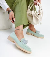 Mokasyny damskie - Jasnozielone zamszowe mokasyny z kryształami Zemzem-37 - miniaturka - grafika 1