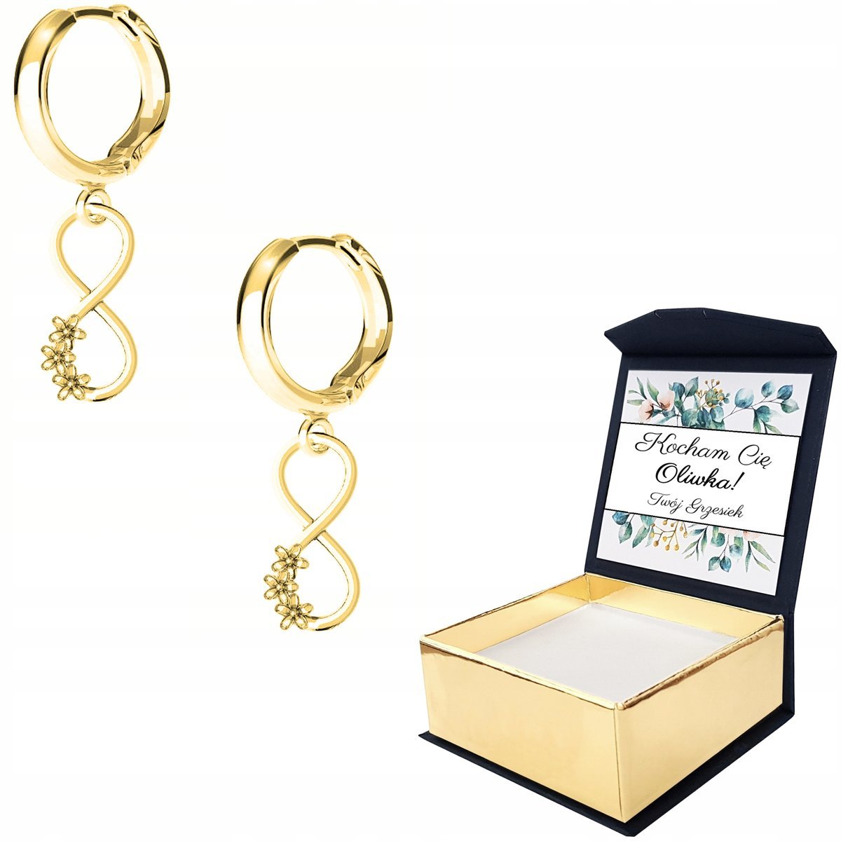 Kolczyki złote Nieskończoność Kwiat WŁASNY NADRUK