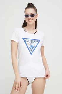 Koszulki sportowe damskie - Guess t-shirt bawełniany kolor niebieski - grafika 1