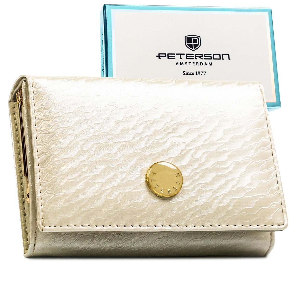 Beżowy portfel damski mały PETERSON skóra naturalna i ekologiczna rfid stop klasyczny na zatrzask