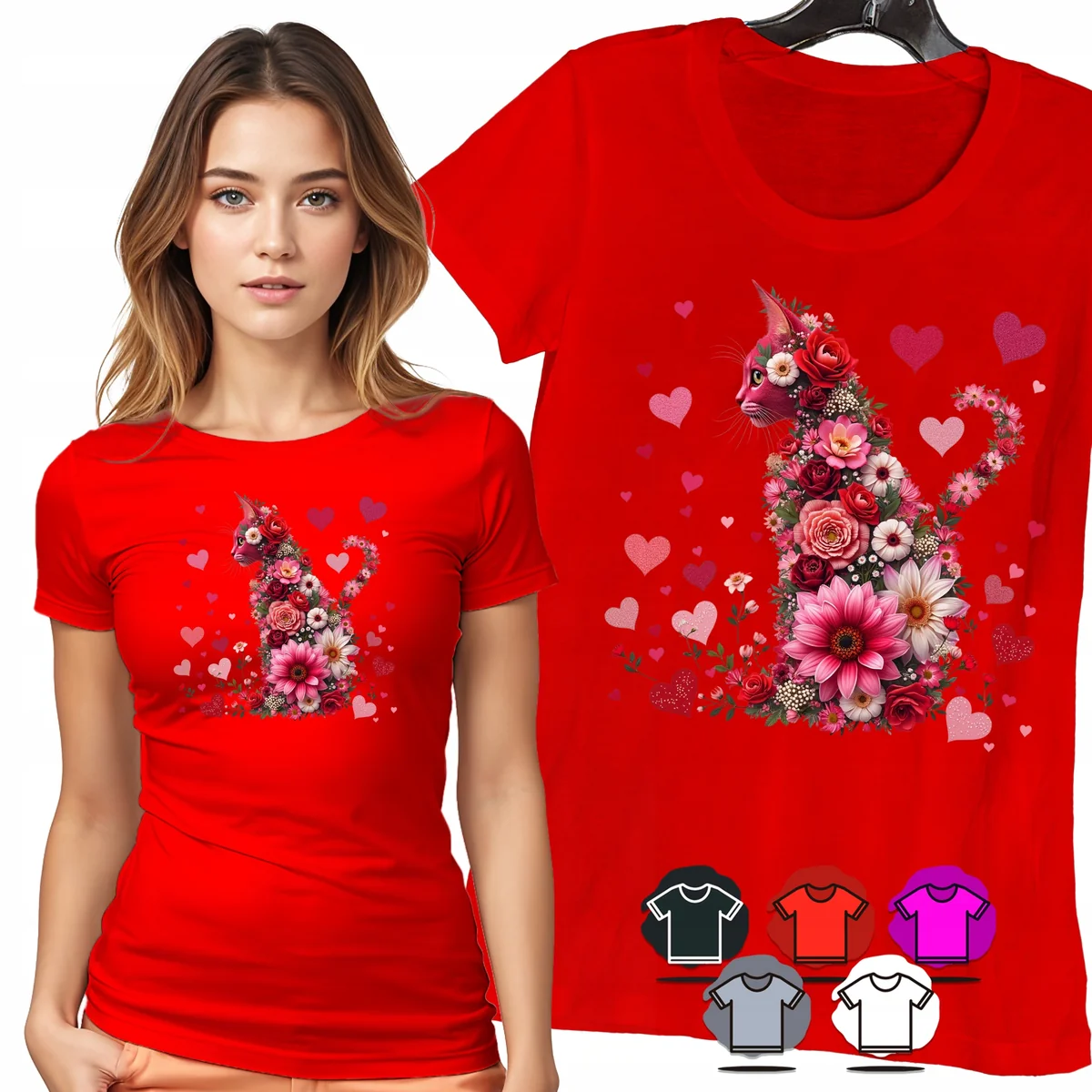 KOSZULKA DAMSKA T-SHIRT - LAMA KWIATY SERCA RÓŻOWY DAMSKI MOTYW MODA - M