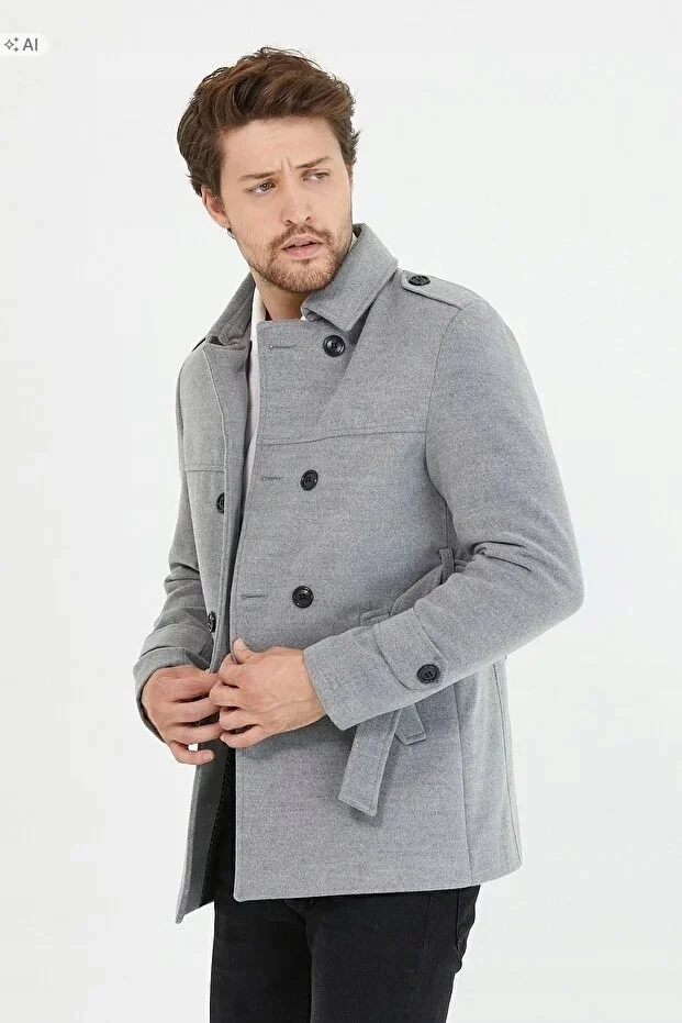 ELEGANCKI PŁASZCZ MĘSKI GŁADKI MELANŻOWY SZARY M 5IA