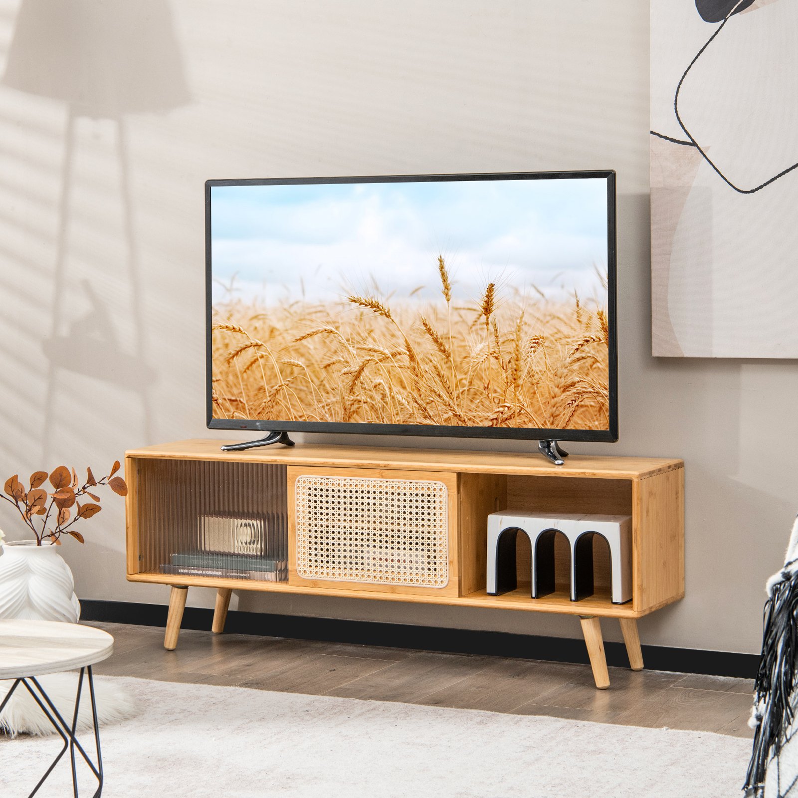 COSTWAY Stojak pod telewizor Szafka pod telewizor do 55 cali, szafka pod telewizor z 2 przesuwanymi drzwiami, szafka pod telewizor, konsola multimedialna do salonu, sypialni
