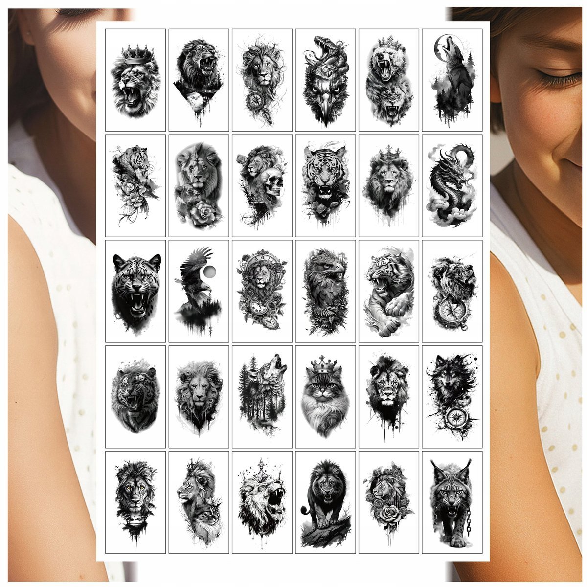 TATUAŻE ZMYWALNE DLA DZIECI ZWIRZĘTA LEW TYGRYS SMOK WILK MIX 30 WZORÓW
