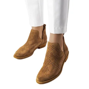 Karmelowe ażurowe botki skórzane Karino brązowe - Botki damskie - miniaturka - grafika 1