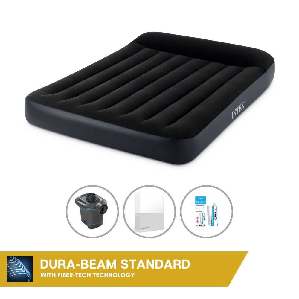 Łóżko dmuchane Intex - 2 osoby - 137 x 191 x 25 cm - czarne + pompka elektryczna Intex - 650 litrów/min + prześcieradło białe + zestaw naprawczy