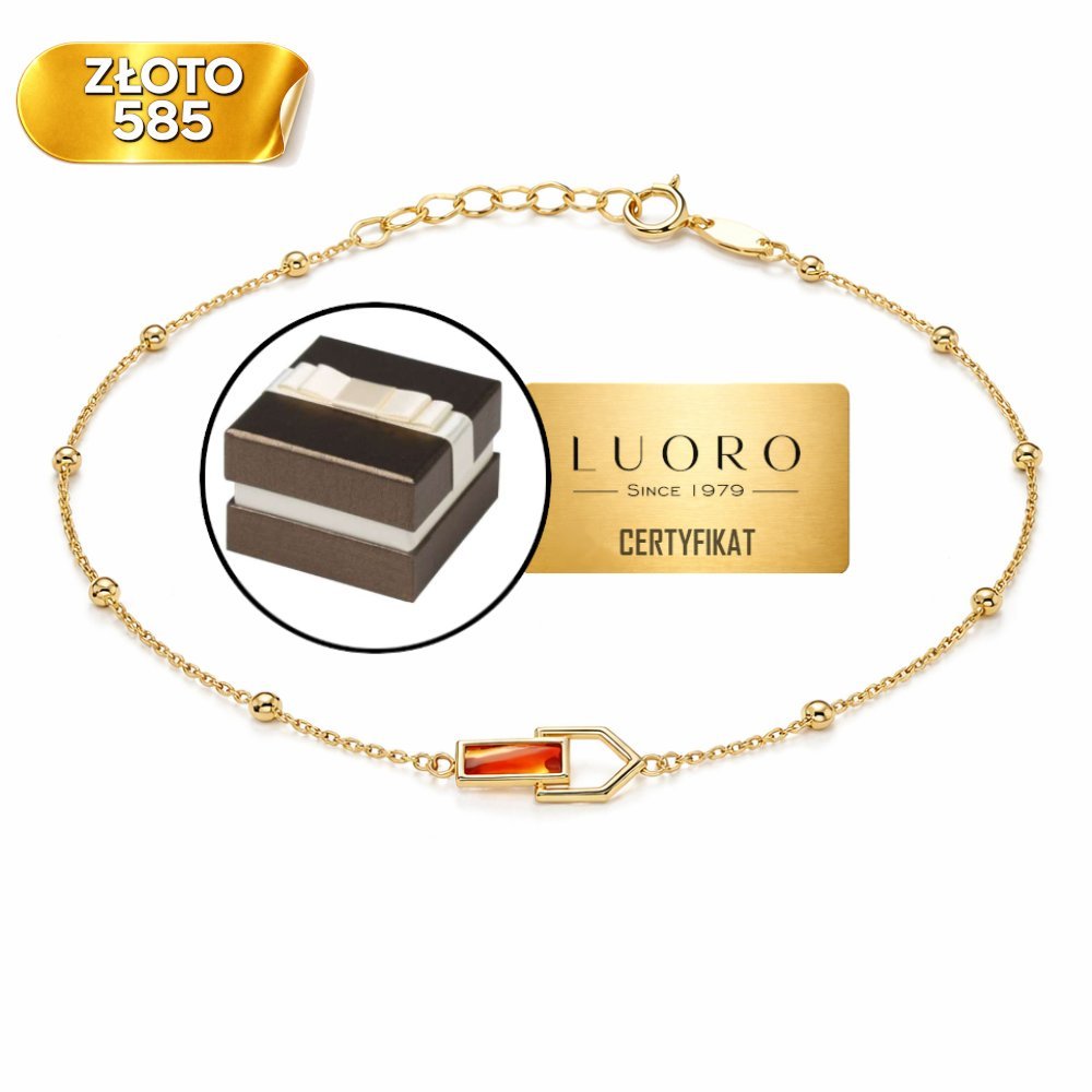 BRANSOLETKA ZŁOTA 585 14K GŁADKIE KULKI KAMIEN CORNELIAN 17 CM REGULOWANA