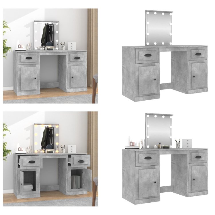 vidaXL Toaletka z oświetleniem LED betonowa szara 130x50x132,5 cm - Toaletka - Stolik do makijażu - Stolik kosmetyczny - Toaletka