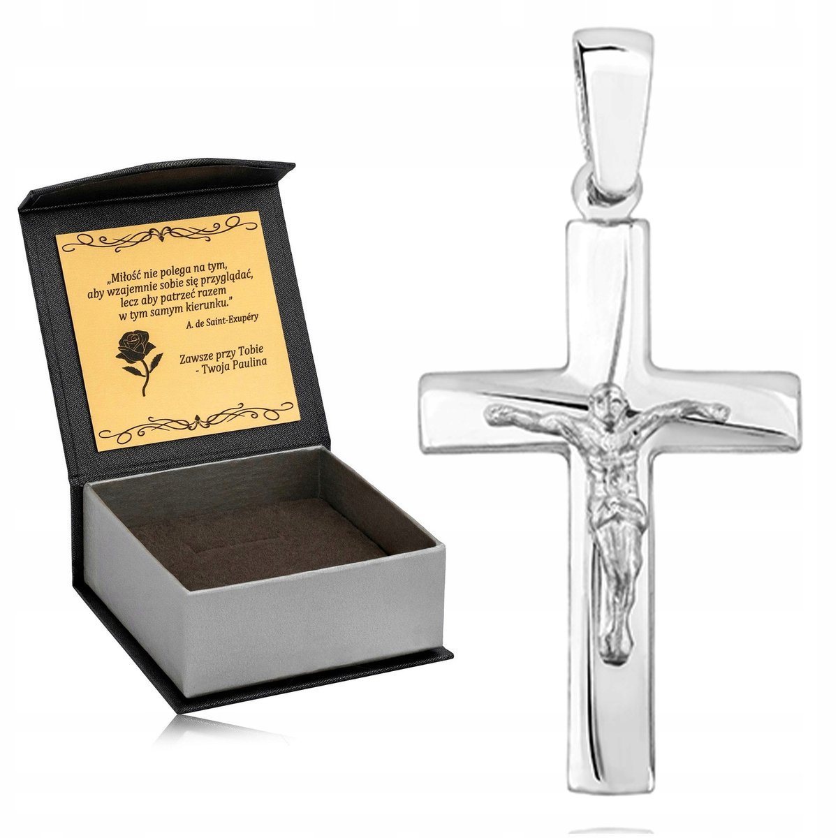 PIĘKNY SREBRNY RODOWANY KRZYŻYK DIAMENTOWANY 925 PAMIĄTKA I KOMUNII ŚWIĘTEJ