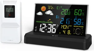 Stacja pogodowa Wewnętrzny/zewnętrzny monitor temperatury/wilgotności z czujnikiem Domowy termometr pogodowy Kolorowy wyświetlacz VA Budzik Prognoza pogody, czarny - Stacje pogodowe - miniaturka - grafika 1