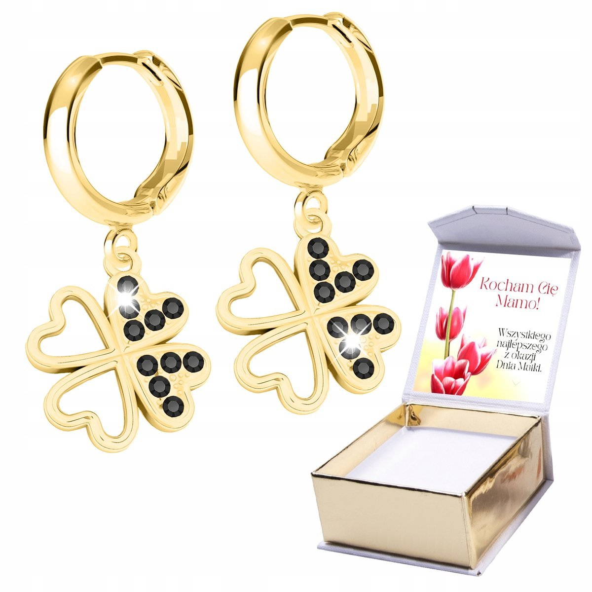 Złote Kolczyki 925 Czterolistne Koniczynka Czarne Cyrkonie Koniczyna NADRUK