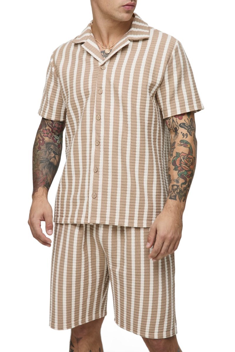 BOOHOOMAN MĘSKI KOMPLET BEŻOWO BIAŁY W PASKI KRÓTKI RĘKAW S Z3A*
