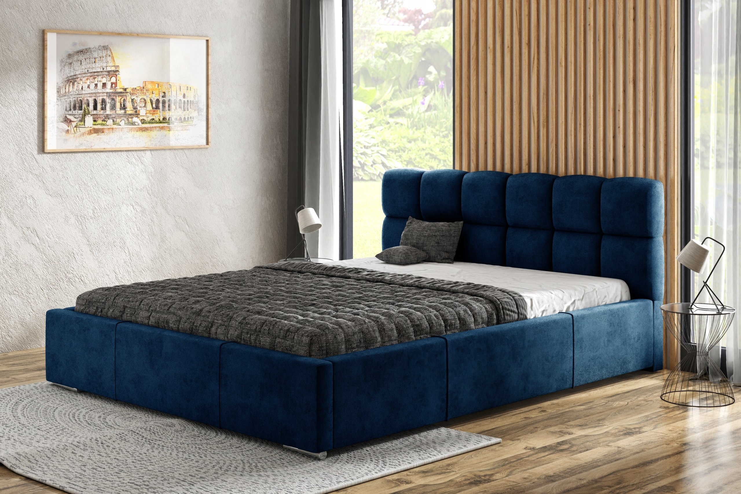 Łóżko tapicerowane AGMAT MALTA z wezgłowiem, 160 x 200 cm, łóżko podwójne z podstawą łóżka i metalową ramą z listew, tkanina welurowa: niebieski