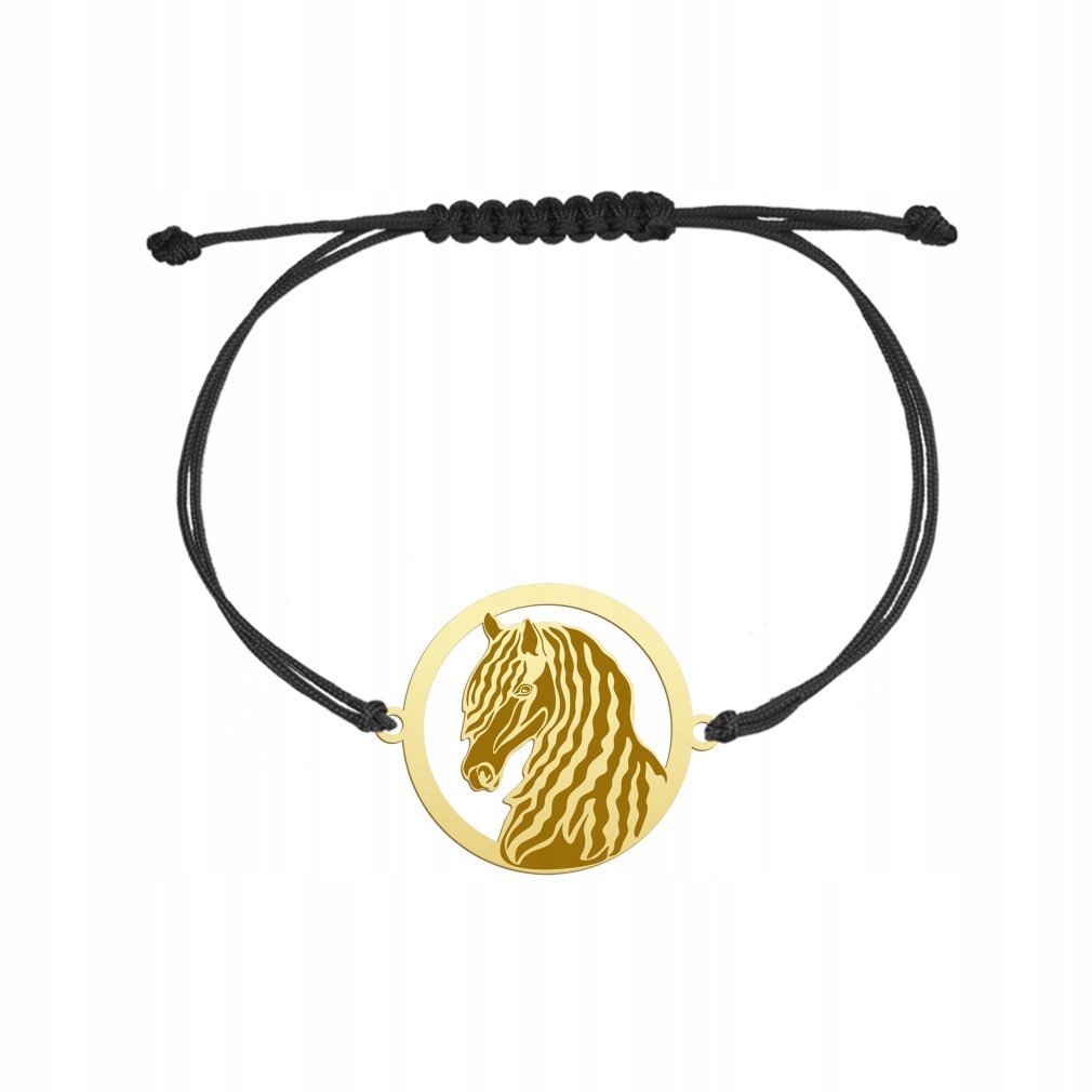 Bransoletka Złota Koń Fryzyjski 925 sznurek Biżuteria Prezent GRAWER GRATIS