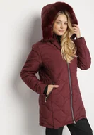 Kurtki damskie - Bordowa Klasyczna Kurtka z Pikowanymi Przeszyciami i Kapturem z Futerkiem Raffisa - miniaturka - grafika 1