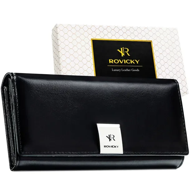 Portfel damski skórzany z RFID Rovicky czarny klasyczny skóra na prezent