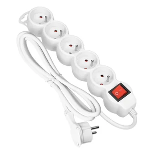 Przedłużacz 5-krotny 2P+Z z wyłącznikiem, 1,5m H05VV-F 3x1,5mm2, Imax=16A, płaska wtyczka, biały - Listwy zasilające - miniaturka - grafika 1