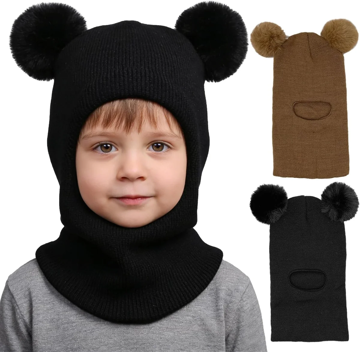 Czapka kominiarka zimowa dla dzieci 2 szt. khaki i czarny z pomponem