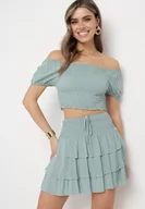 Komplety damskie - Miętowy Komplet Bawełniany Bluzka Hiszpanka i Spódnica z Falbankami Vexa - miniaturka - grafika 1