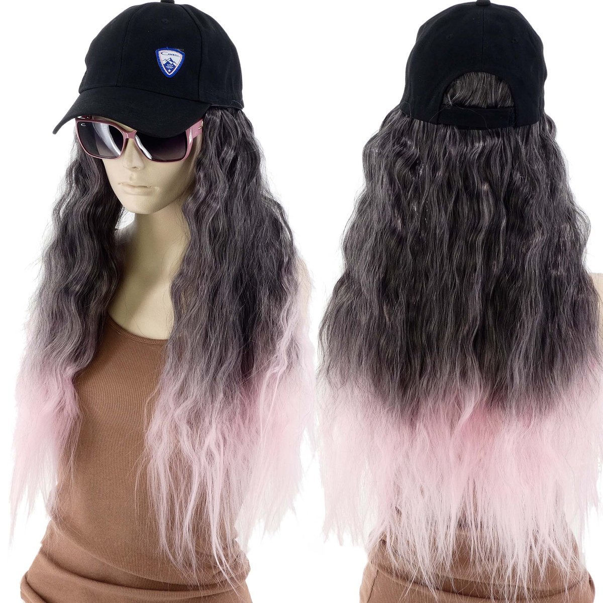 Damska czapka z daszkiem I peruka włosy długość 40cm szary z różowym