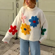 Swetry damskie - TEMU Sweter Damski z Eleganckim Kwiatowym Wzorem - Pastelowy Sweter z Czerwonymi/Niebieskimi/Żółtymi Kwiatami, Całoroczny i Stylowy na Codzień oraz - miniaturka - grafika 1