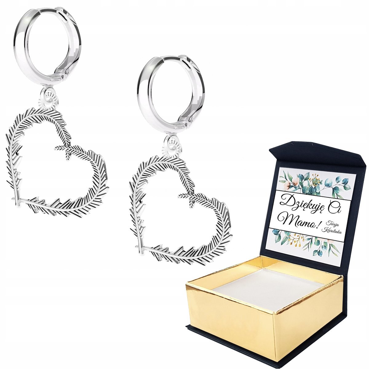 Kolczyki srebrne Serce Pióro 925 WŁASNY NADRUK