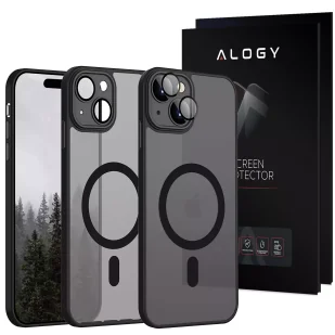 Etui + Szkło do Apple iPhone 15 obudowa Alogy MagSafe Hybrid Matte Case pokrowiec matowy z ochroną obiektywu czarny - Etui i futerały do telefonów - miniaturka - grafika 1