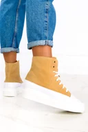 Trampki damskie - Beżowe trampki na platformie wysokie sznurowane polska skóra Casu 3034-0 - miniaturka - grafika 1