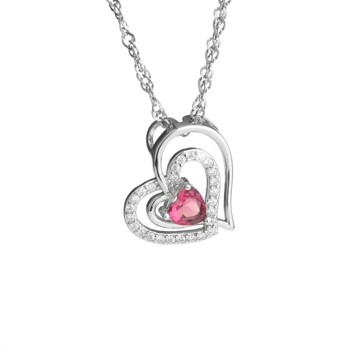 Srebrny naszyjnik 925 podwójne serce z cyrkoniami i czerwonym kamieniem
