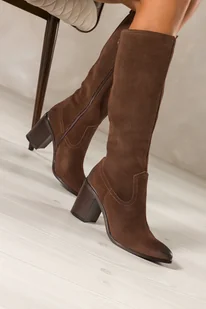 Czekoladowe kozaki skórzane damskie Sergio Leone przed kolano na ozdobnym słupku pasek z nitami PA74331-H - Kozaki damskie - miniaturka - grafika 1